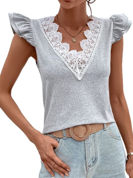 

contrast lace ruffle trim v neck tee s8db#, White