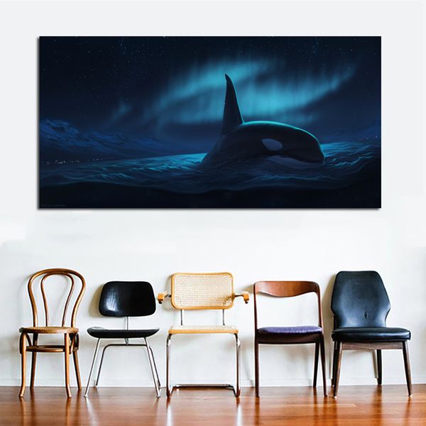 Pittura di paesaggio dell'aurora boreale di grandi dimensioni Balena nel mare Immagini di arte della parete per soggiorno Poster con stampa su tela senza cornice