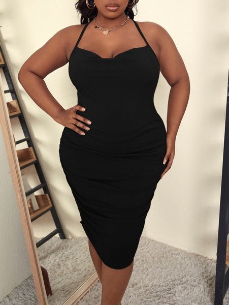 

plus draped collar crisscross back ruched cami dress 78xt#, Black