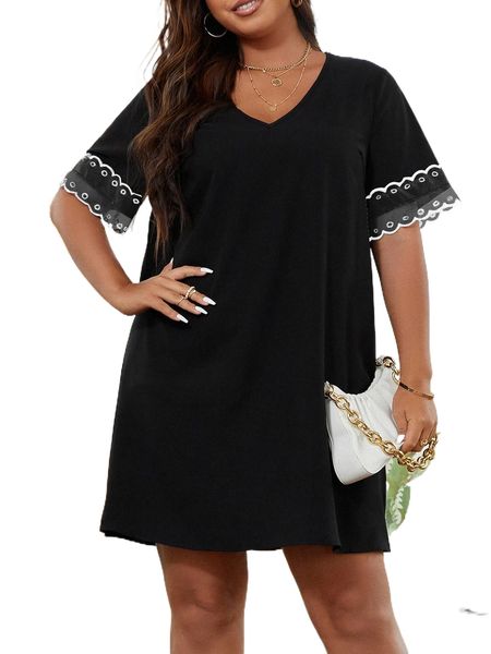 

plus contrast mesh scallop trim tunic dress t6gp#, Black