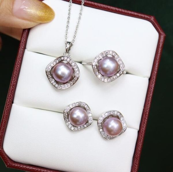 

pendant ear studs ring freshwater pearl three piece set about 8-9mm, Silver