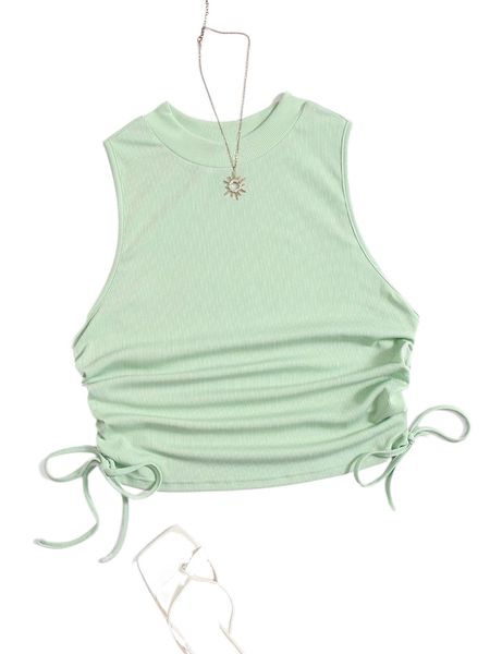 

plus rib knit drawstring ruched tank u22g#, Black