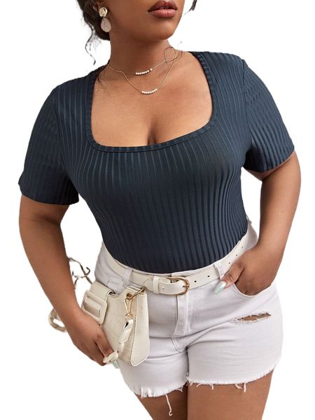 

plus square neck rib knit tee i1gj#, Black