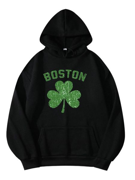

clover & letter graphic kangaroo pocket drawstring thermal hoodie g5hg#, Black