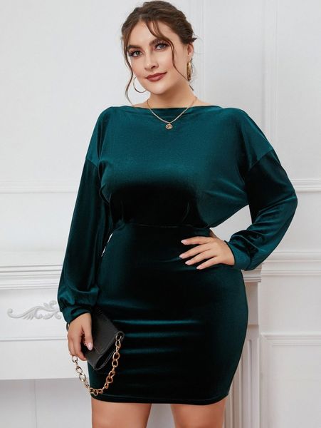 

plus drop shoulder velvet dress a6z6#, Black