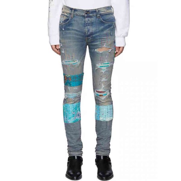 

selling designer jeans trendy brand a 22 miri american street hip hop pants ins new retro colorful embroidered trousers fashion loose men&#0, Blue