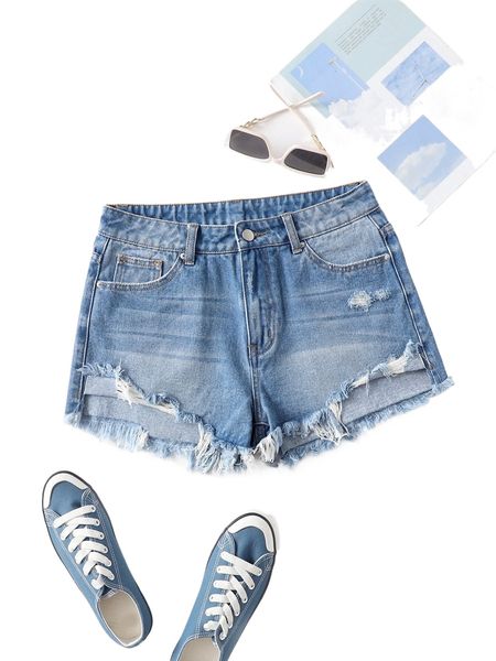 

ripped raw hem zip up denim shorts s70u#, White;black