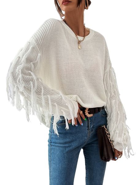 

fringe trim drop shoulder sweater r88g#, White;black