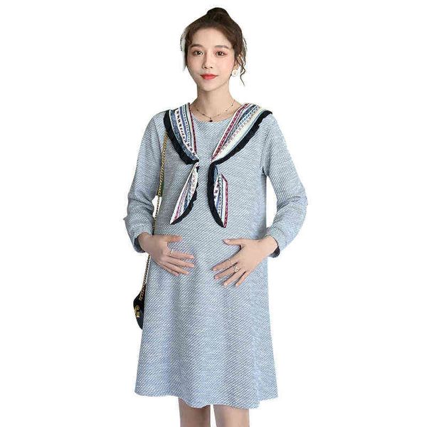 Корейское стиль беременное осеннее платье с длинным рукавами лука