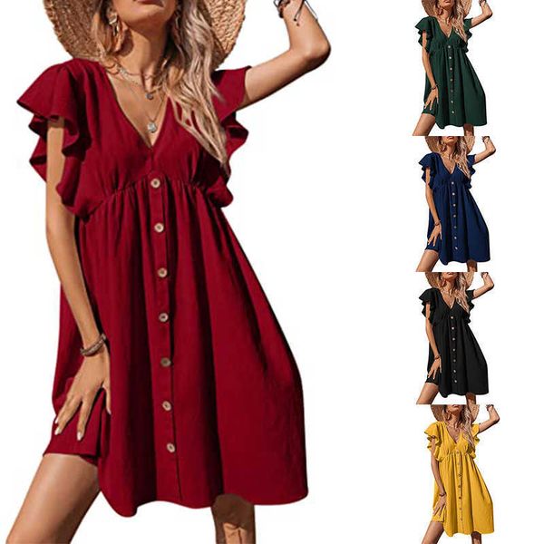 

2022 summer new women's pleated v-neck cap sleeve button casual dress, Black;gray