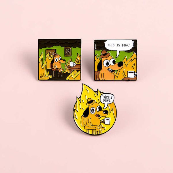 

new animal alloy brooch creative animation small yellow dog drinking coffee fire decoration pin accessories badge, Gray