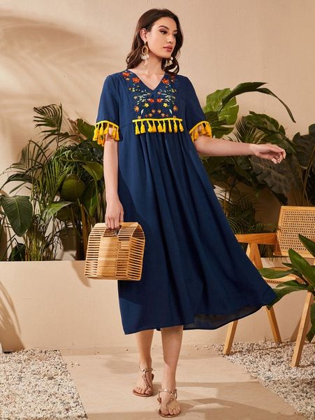 

flower embroidery fringe trim smock dress j1kh#, Black;gray