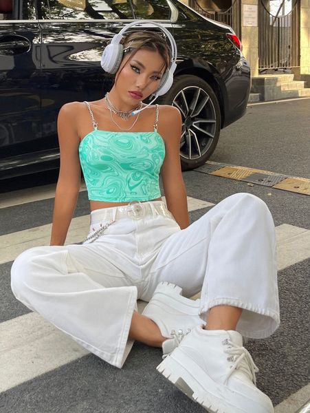 

marble print chain detail crop cami w23t#, White