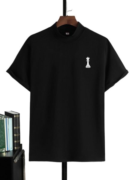 

men chess print mock neck tee r2qv#, White;black