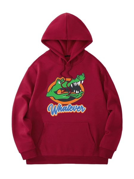 

men crocodile & letter graphic drawstring thermal lined hoodie f7ub#, Black