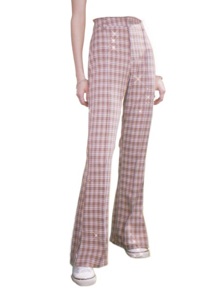 

romwe plaid split hem flare leg pants x1yo#, Black;white