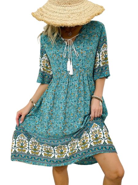 

floral print tassel tie neck smock dress y2dh#, Black;gray