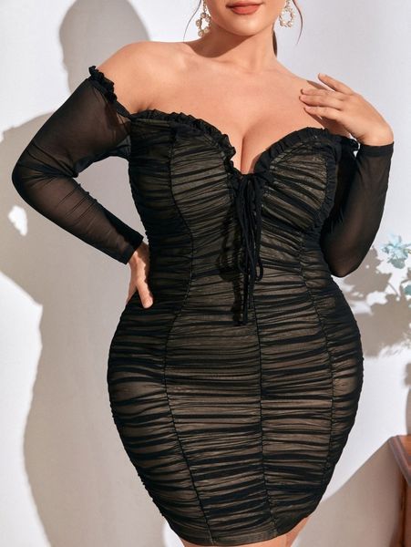 

plus ruched frilled lace up off shoulder mesh bodycon dress s69y#, Black