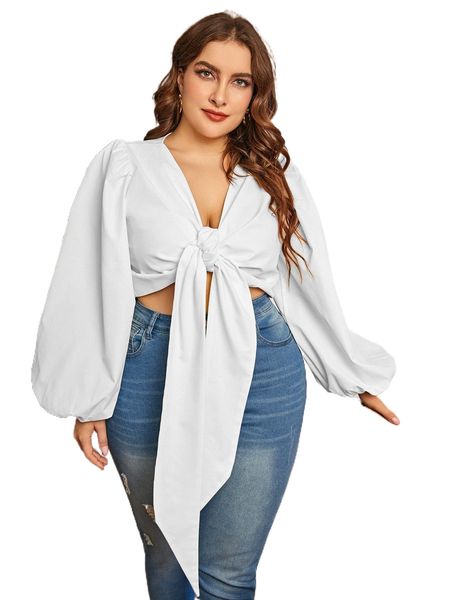 

plus lantern sleeve tie front crop b2nk#, Black