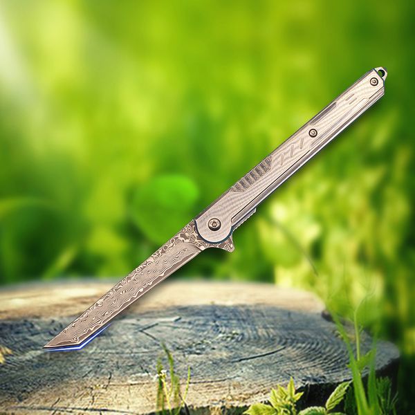 Высококачественное складное нож R8301 Flipper VG10 Damascus Steel Tanto Point Blade Ручка из нержавеющей стали шарикоподшипники EDC Pocket Knives