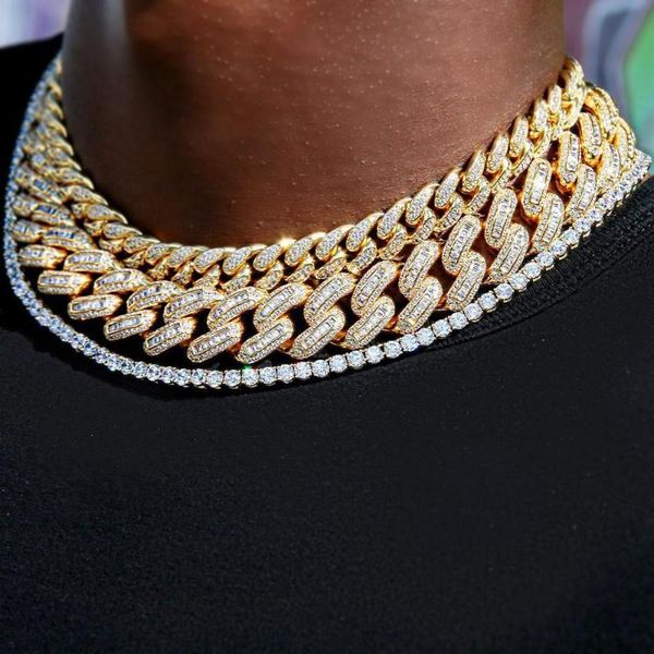 

necklaces chokers classic 12mm cuban link micro pave 5a cz iced out bling hip hop rock punk men boy cool jewelry, Golden;silver
