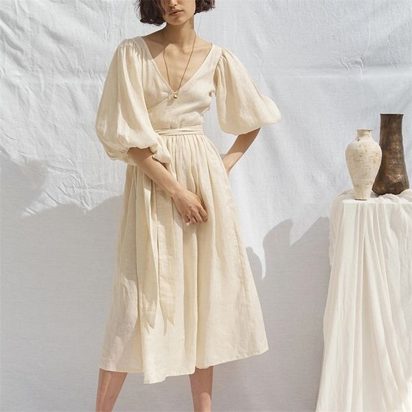 

korean fashion cotton linen summer women dress yellow casual puff sleeve v-neck bandage holiday beach party dress 220427, Black;gray