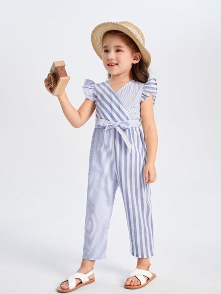 

toddler girls ruffle trim self belted spliced striped jumpsuit she, Blue