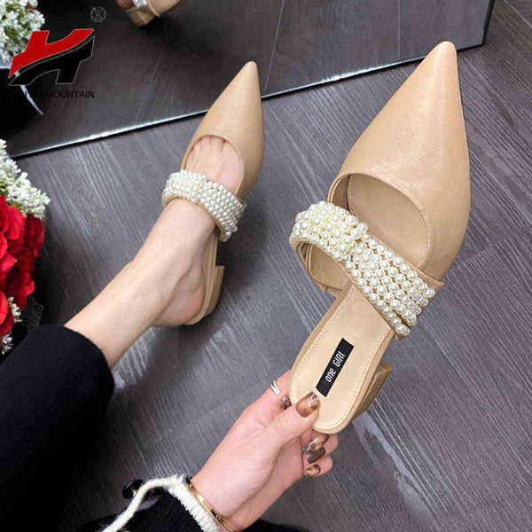 

2022 summer flat sandals women slippers pearl chain pointed toe solid color female, Black