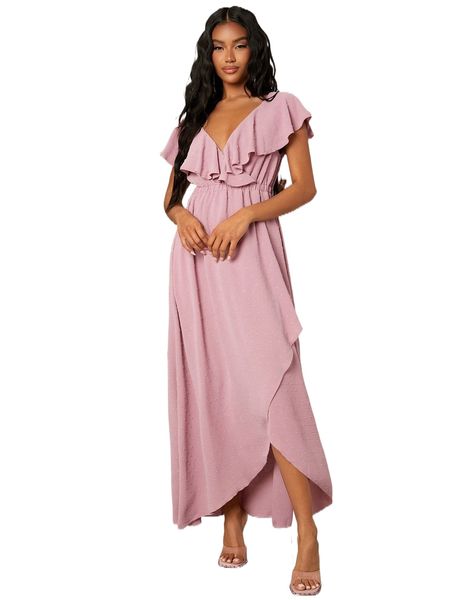 

ruffle trim wrap hem a-line dress l1pv#, Black;gray