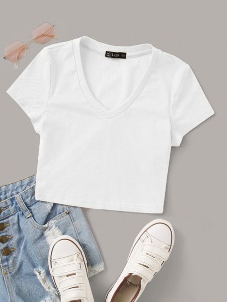 

v-neck rib-knit crop tee x9p7#, White
