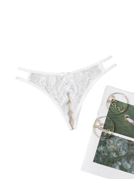 

floral lace bow decor crotchless panty 06jj#, Black;red