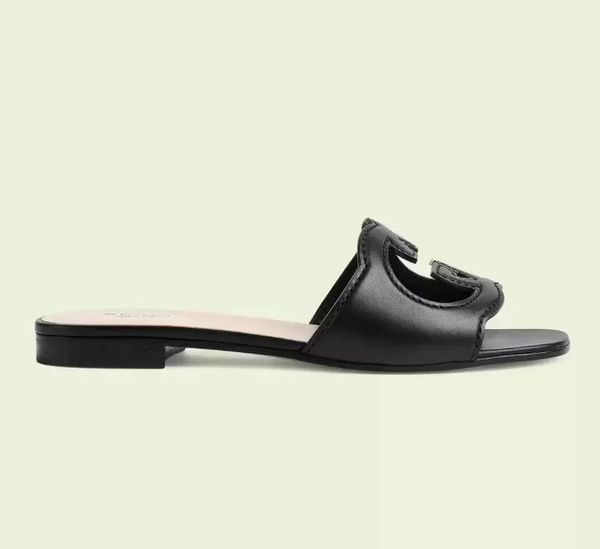 

luxury summer beloved sandals shoes cut-out interlocking metallic leather flip flops women's slippers house slide flats leathers beach, Black