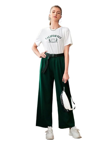 

letter graphic drop shoulder tee & wide leg pants without belt v9e1#, White