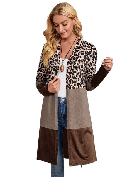 

emery rose leopard print color block open front coat 684a#, Black