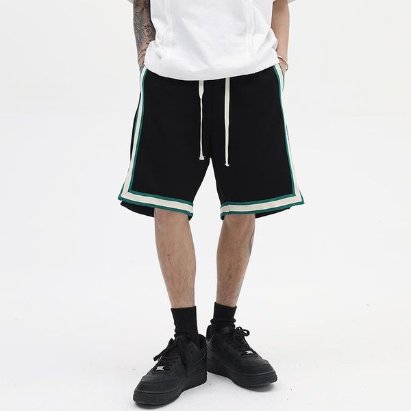 

men's pants side striped patchwork drawstring color match summer shorts for men and women wide leg loose casual five point streetwearme, Black