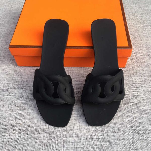 

luxury designer oran ladies sandals slippers chain slide summer rubber big head fashion beach flat slippers quality, Black