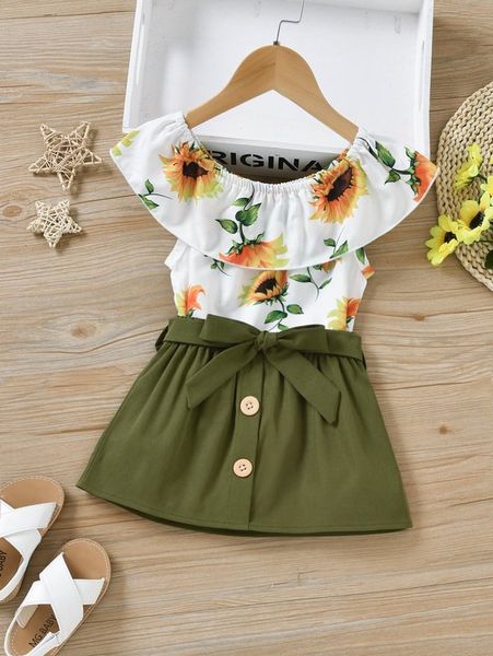 

toddler girls sunflower print ruffle trim & fake button belted skirt she, White