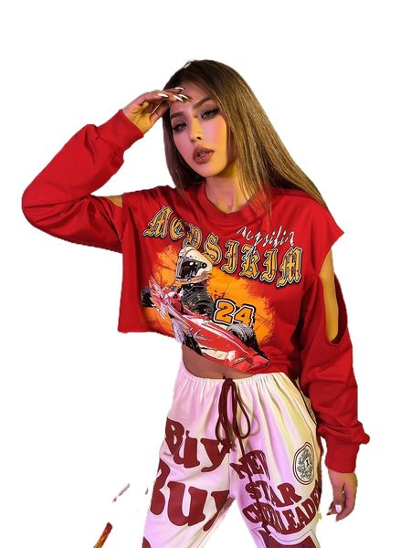 

meysi kim cut out sleeve letter and figure graphic pullover e2d4#, Black