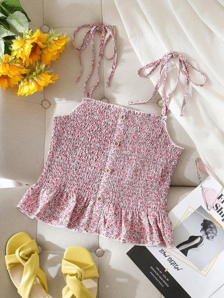 

ditsy floral shirred ruffle hem cami o4wp#, White
