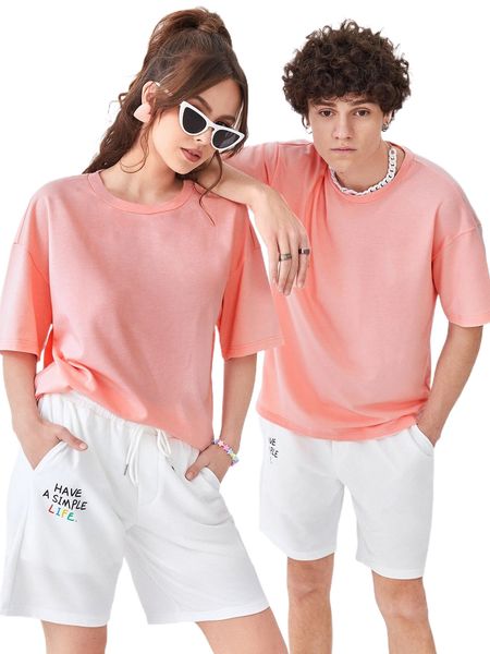 

1pc drop shoulder tee & 1pc slogan graphic drawstring shorts d8su#, Gray