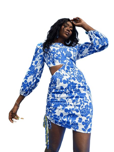 

x yia floral print cut out lantern sleeve drawstring dress i5oq#, Black;gray