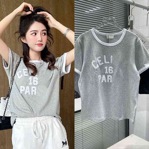 

spring and summer women's gray contrast color no. 16 number sticker embroidery t-shirt loose casual tee, White