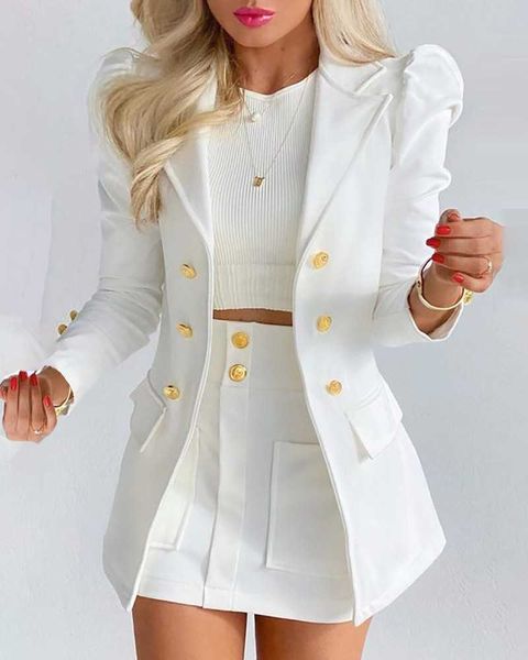 

5810# 2022 early spring small suit long sleeve solid color with mini skirt two-piece suit, White