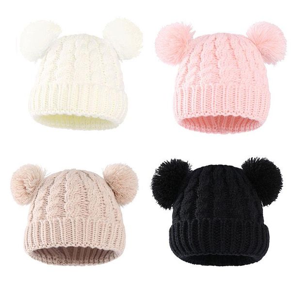 Berretto da bambina per bebè Berretto da bambino all'uncinetto con pompon Cappello Doppio cappello di pelliccia Cappelli per bambini Berretti con teschio in maglia Bambino