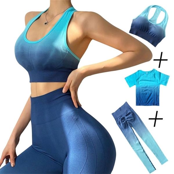 

seamless yoga set sport suit 3 piece women gym clothing workout swear high waist leggings 220317, Gray