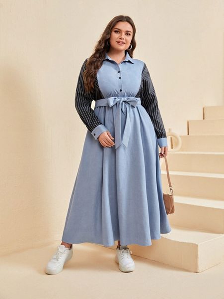

plus colorblock striped half button belted dress r3y0#, Black