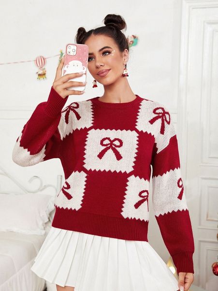 

bow pattern drop shoulder sweater b0q6#, White;black