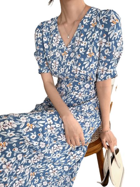 

dazy allover floral print puff sleeve dress p7ef#, Black;gray