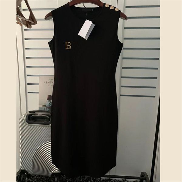 

classic gold button t shirt dresses women pullover one piece skirt summer cotton slim sleeveless dress, Black;pink