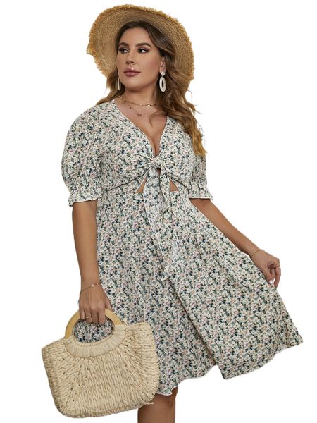 

plus allover floral print knot bust flounce sleeve dress s3dw#, Black